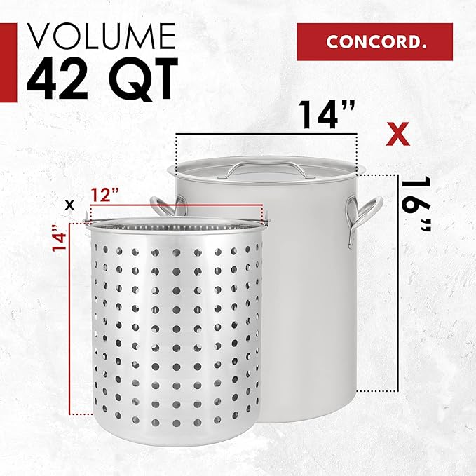 CONCORD 42 QT Stainless Steel Stock Pot w/Basket. Heavy Kettle. Cookware for Boiling (42)