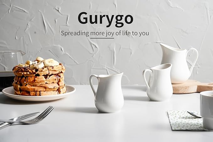 Gurygo 4 Pack 4 Oz Classic White Creamer with Handle - Small Ceramic Creamer Pitcher Set - Fine Porcelain Small Milk Pitcher for Coffee Milk Sauces Salad, Microwave & Freezer Safe