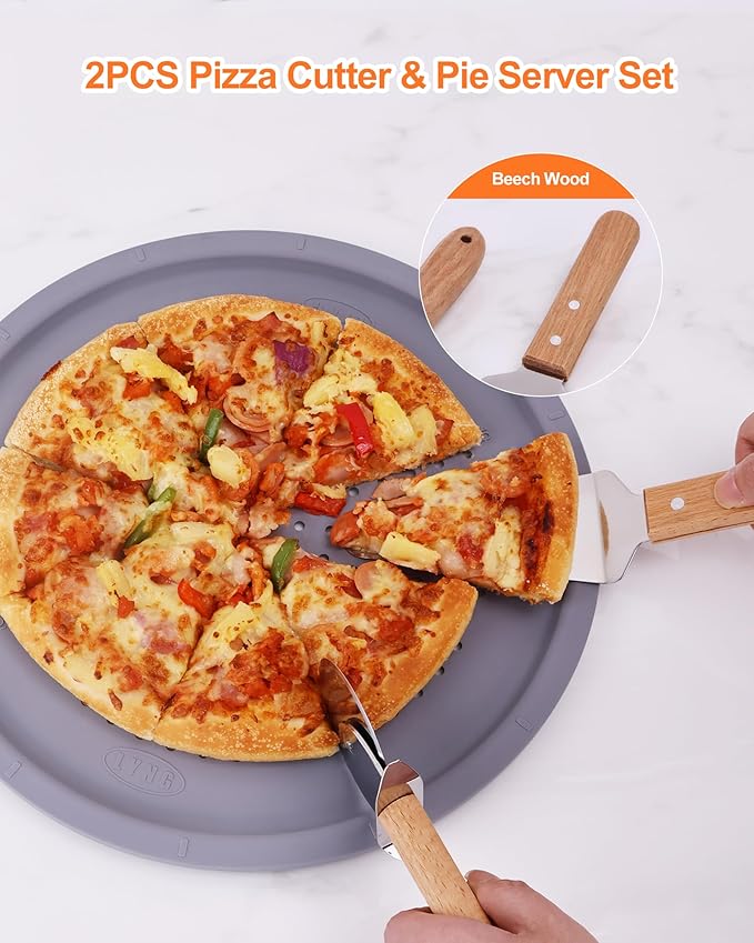Pizza Wheel Cutter and Pie Server, Pizza Spatula Wtih Wood Handle, Nonstick Stainless Steel Pizza Cutter Wheel With Sharp Blade