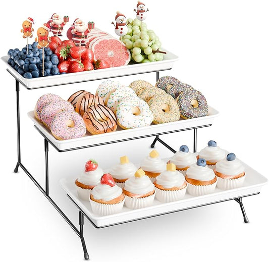 3-Tier Melamine Serving Tray Set, 14"x7" Platters for Serving Food, White Reusable Trays with Black Metal Display Stand for Cupcakes, Sevring Food, Dessert, Fruit, Cookie, Black