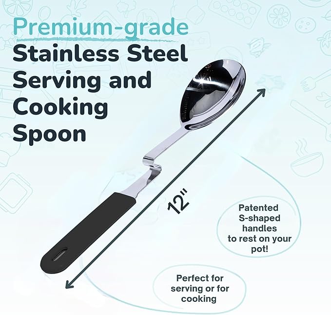 Souper Cubes + Lori Greiner No Mess Stainless Steel Cooking Spoon with Silicone Handle - Stainless Steel Serving Spoon No Mess Design Hooks on Side of Any Pot - Charcoal