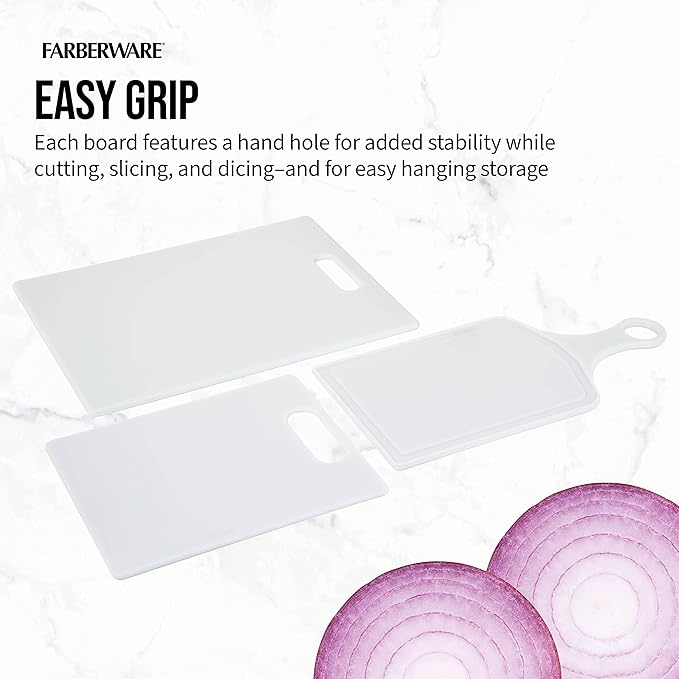 Farberware 3-Piece Plastic Cutting Board Set, Dishwasher-Safe Poly Chopping Board for Kitchen with Paddle, Charcuterie Board Set, White