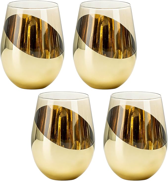 MyGift 18 oz Mid Century Smoked Brown Stemless Wine Glasses with Angled Brass Accents, Translucent Vintage Amber Glass Cocktail Beverage Drinking Cups, Set of 4