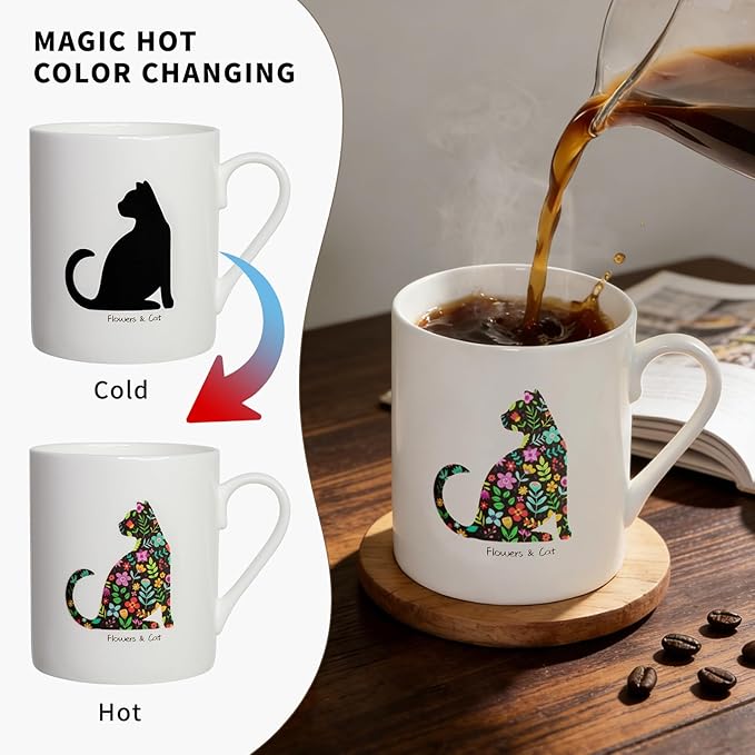 Cat Heat Color Changing Coffee Mug - 12 oz Ceramic Tea Cup - Cat Lover Gift for Women.
