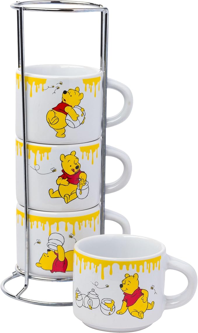 Silver Buffalo Disney Winnie the Pooh Honey "Hunny" Drips 4pc Stackable Ceramic Espresso Small Cup Set, 3 Ounces