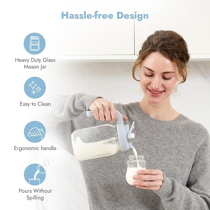 Papablic Breast Milk Pitcher – Baby-Safe Glass Formula Mixer with Easy-Blend Handle Lid, Wide-Mouth Mason Jar, Leakproof Flip-Lock Spout, BPA-Free, Gift for New Moms, Blue
