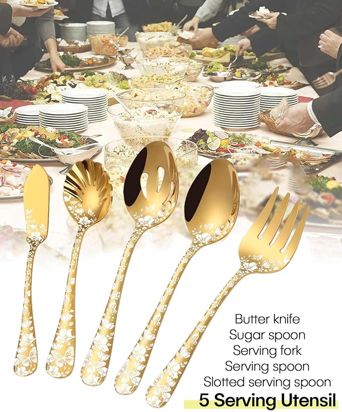 Stapava Serving Utensils, Gold 5-Piece Large Hostess Set, Stainless Steel Flatware Serving Set, Ideal for Buffet Catering Party, Mirror Polished, Dishwasher Safe