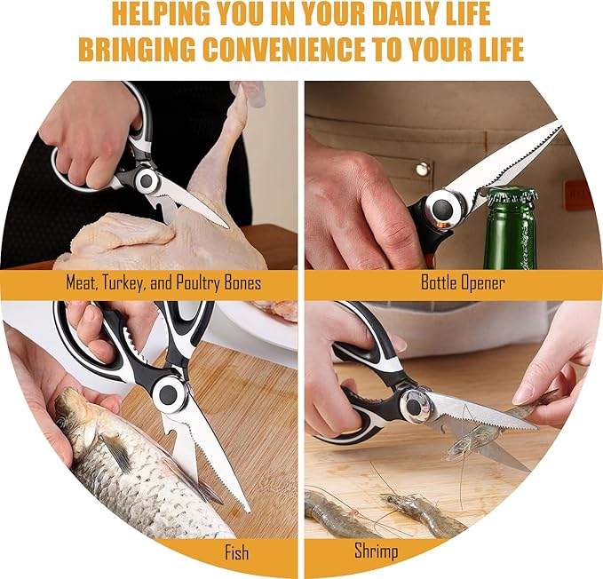 Kitchen Scissors All Purpose 2 Pack, Heavy Duty Kitchen Shears, Shears with Protective Sheath, Cutting Meat, Food, Fish, Poultry Multipurpose Sharp Sissors for Dishwasher Safe (Black)