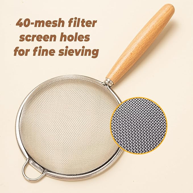 1 Pack Fine Mesh Strainer whit Hanlde,40 Mesh Stainless Steel Kitchen Strainer for Sifting, Draining Pasta, Straining Juice and Egg Whites