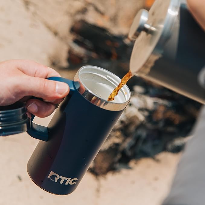 RTIC 16oz Road Trip Travel Mug with Lid and Handle, Ceramic Lined, Insulated, Stainless Steel, Metal, Double Wall Vacuum-Insulation, Portable Coffee, Tea Cup for Hot and Cold Drink, Navy