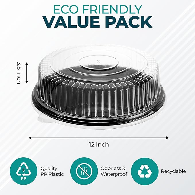 12" Catering Trays With Lids [3 Pack] - Black Serving Tray, Clear Lid, Plastic Disposable Round Party Platters, Flan Containers, Dessert Sandwich Cookie Food Trays for Parties
