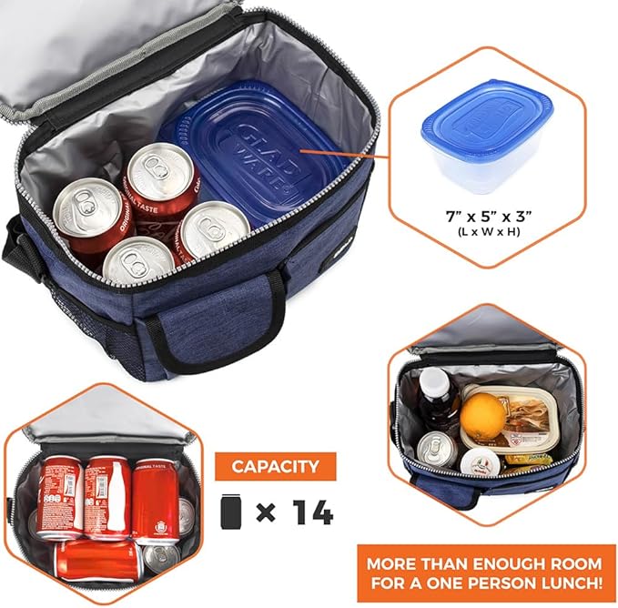 opux Insulated Lunch Bag for Men Women, Leakproof Heather Navy Lunch Box for Work, Portable Soft Lunch Cooler Bag with Shoulder Strap, Adult Lunchbox Lunch Pail for Kid Boy Girl School, 14 Can/8L