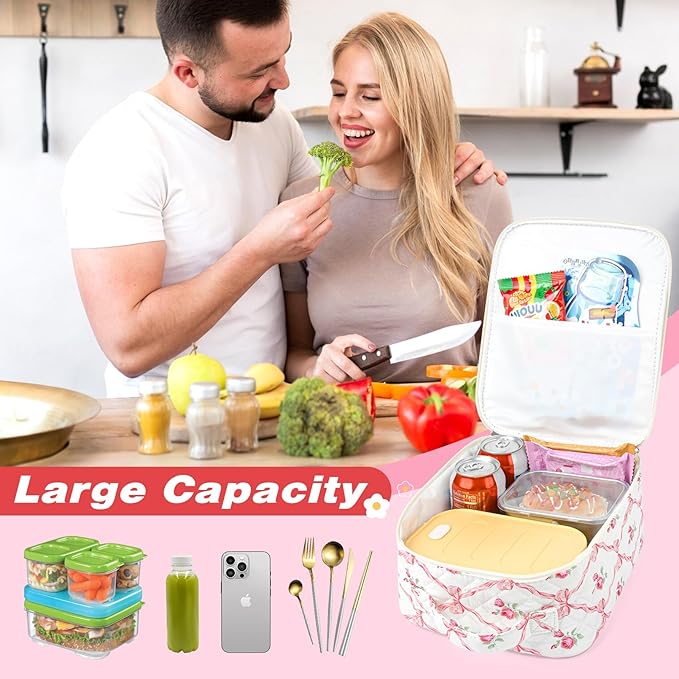 Aileam Lunch Box Lunch Bag for Women Cute Girls Insulated Womens Lunch Bag For Work Quilted Large Capacity Reusable Insulated Cooler for Work School Picnic Travel BOWS & ROSES