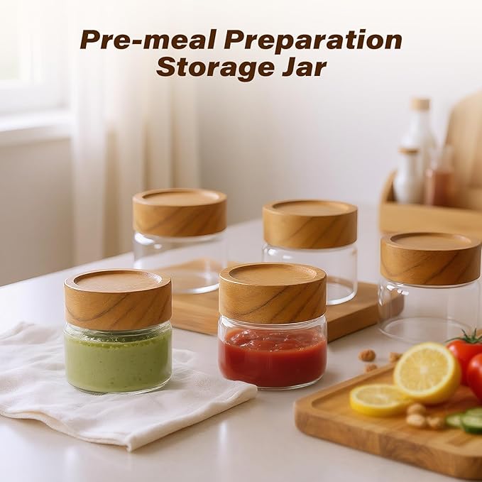 6-Pack 4 fl oz Stackable Airtight Glass Canisters with Acacia Lids - Small Mason Jars for Overnight Oats, Spice Storage, Herb Keepers, Pantry Organization and Dry Food Storage