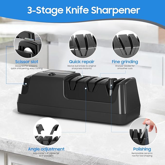 5-in-1 Electric Knife Sharpener for Kitchen Knives, with 100% Diamond Abrasives, 3 Adjustable Speeds, Quickly Sharpening for Straight/Serrated/Kitchen Knives, Scissors