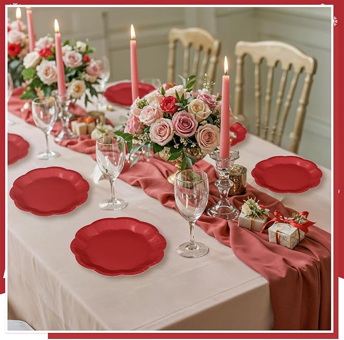 30 Pcs Red Paper Plates 7 Inch Red Scalloped Paper Plates Dessert Cake Plate for Mother's Day, Wedding, Birthday, Baby Shower, Bridal Shower