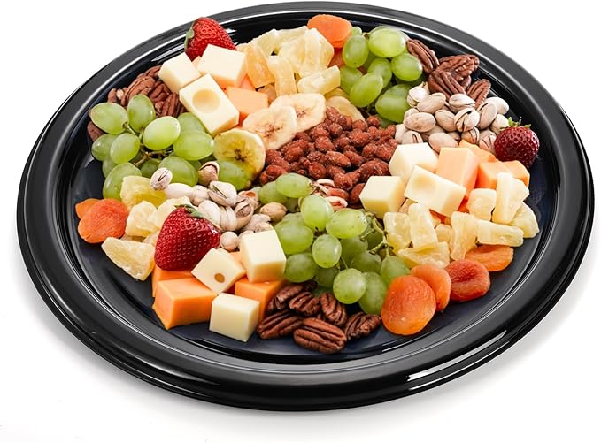 Frcctre 6 Pack 16 inch Plastic Serving Tray with Clear Lid, Heavy Duty Round Large Appetizer Serving Trays Catering Tray Party Platters for Vegetable Catering Picnic