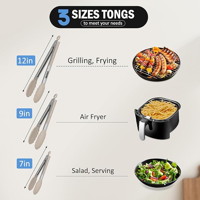 Kitchen Tongs, Stainless Steel Cooking Tongs with Silicone Tips, 600ºF High Heat-Resistant Non Scratch Locking Tongs for Cooking BBQ Grilling Air Fryer Pans, Set of 2 (7" 9" and 12") Beige