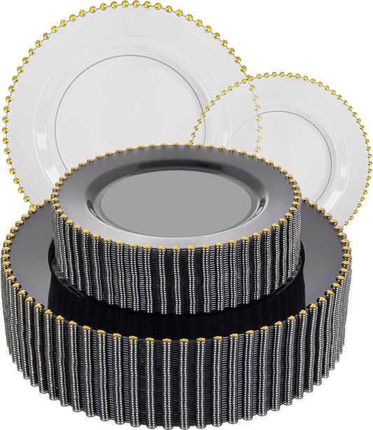 EI 60pcs Clear Black and Gold Plastic Plates Disposable Plates Heavy Duty,10" Dinner & 7" Dessert Clear Black Plate Perfect Wedding,Party,Birthday,Anniversary,Business Events