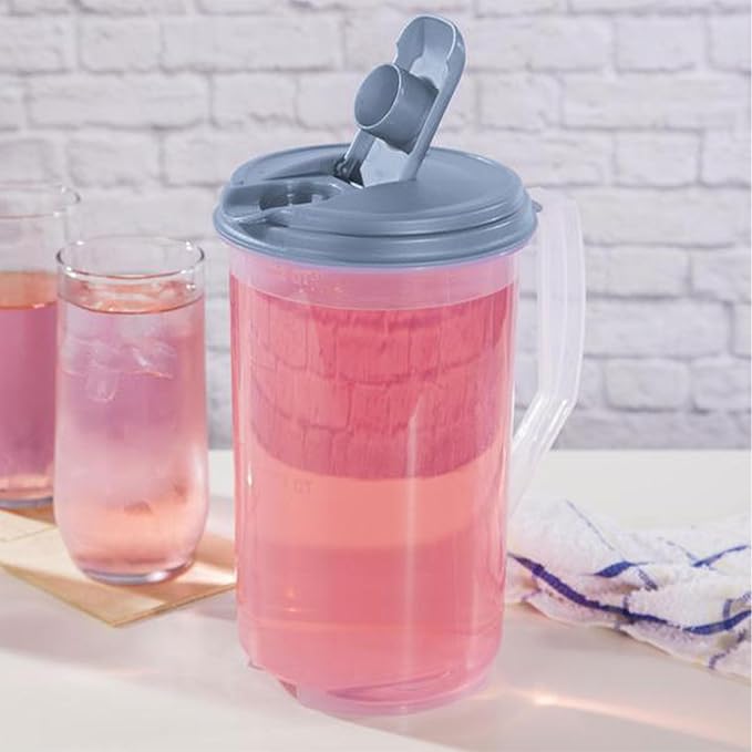 Sterilite 2 Quart Clear Round Plastic Pitcher, Dishwasher Proof with Blue Lid, Spout, and Handle for Easy Pouring, Washed Blue, 6-Pack