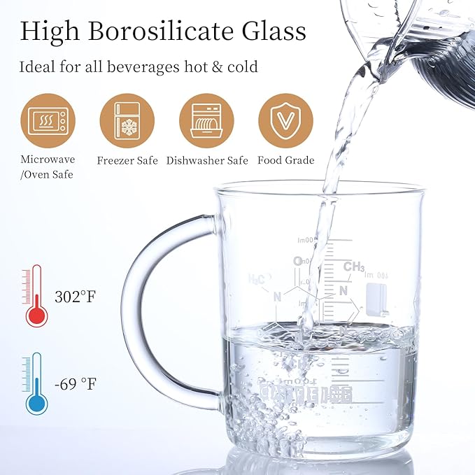 GLASKEY Caffeine Beaker Mug,16 oz Anti-Dripping Borosilicate Caffeine Mug,Cool Coffee Mugs with Handle,Chemistry Mug,Novelty Chemistry Science Teacher Gifts for Women Men
