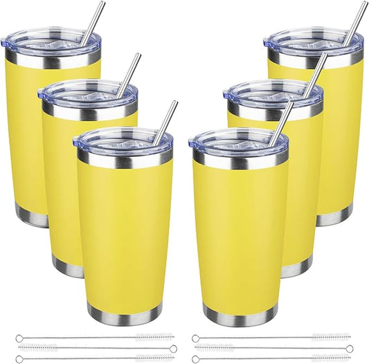 20 oz Tumbler with Lids and Straws, Stainless Steel Insulated Travel Coffee Mug, Double Wall Vacuum Insulated Tumblers, Powder Coated Coffee Tumbler for Cold & Hot Drinks (Yellow, 6 Pack)