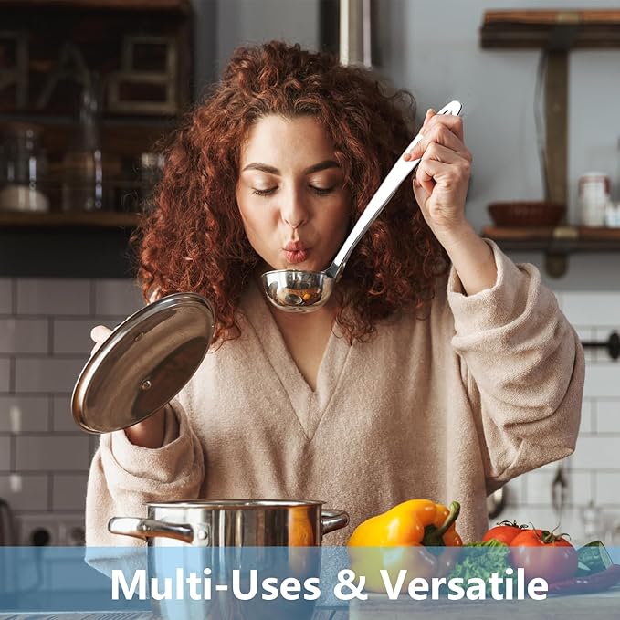 Professional Stainless Steel Soup Ladle, 10.5" Comfort Grid, Long Ergonomic Handle, Durable Kitchen Utensil for Cooking, Stirring, Serving Soups, Heavy-Duty Metal, Dishwasher Safe