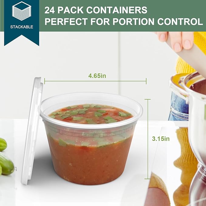 Deli Containers with Lids 16 oz [24 Set] - Food Storage Containers with Lids Freezer Safe, Soup Containers for Restaurant, BPA Free | Portion Control | Leakproof | Microwave| Washable…