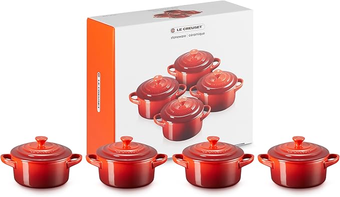 Le Creuset Stoneware Set of 4 Mini Cocottes with Cookbook, 8 oz. each, Cerise