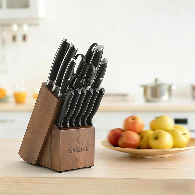 Knife Set 14-Piece Ultra-Sharp Full Tang Chef Knives with Block and Sharpener, High-Carbon Steel Black Handle for Kitchens, BBQs and Feasts, Rust-Resistant, Dishwasher-Safe, Gift for Chefs