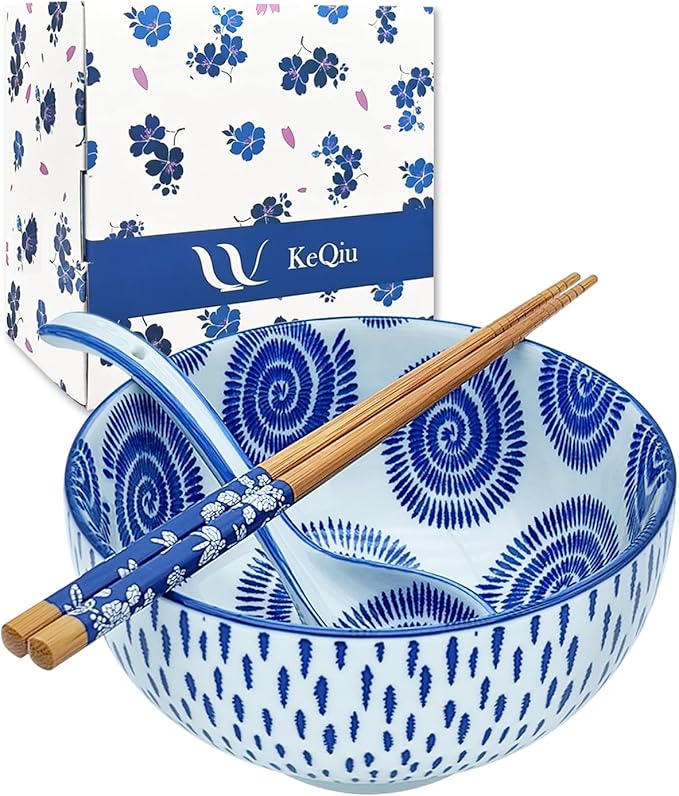 Japanese 28 Oz Ceramic Ramen Noodle Soup Cereal Pho Rice Salad Bowl Set with Chopsticks and Spoons, Premium Gift Set for House Warming, Birthday, Holiday, Microwave Safe, Dishwasher Safe