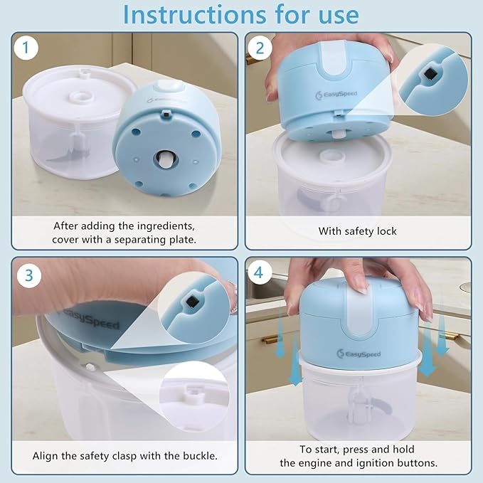 EASYSPEED Electric Garlic Chopper 1Cup, Mini USB-C Charging Food Processor, Garlic Mincer with 3 Stainless Steel Sharp Blades, Portable Kitchen Meat Grinder for Onion, Ginger, Chili, Baby Food, Blue