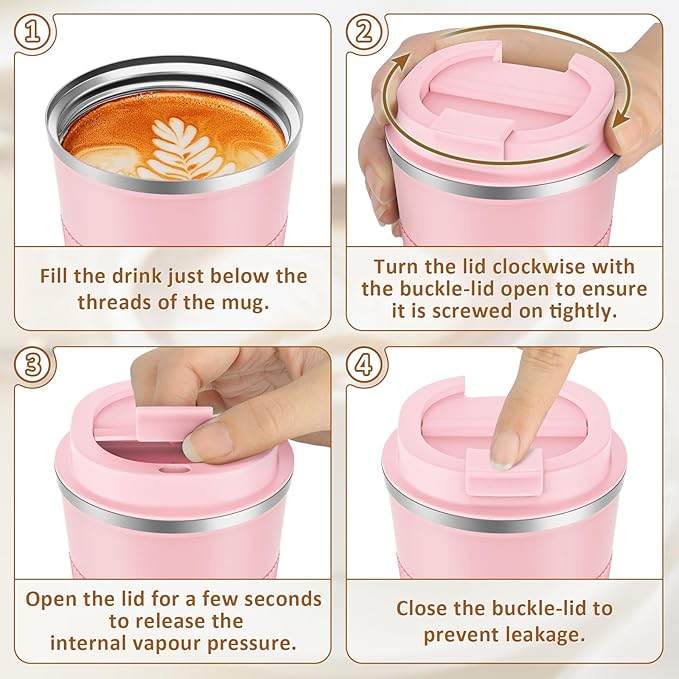 KETIEE 12oz Travel Mug, Insulated Coffee Cup with Leakproof Lid, Travel Coffee Mug Vacuum Stainless Steel Double Walled Reusable Car Tumbler for Hot and Cold Water Tea（Pink）