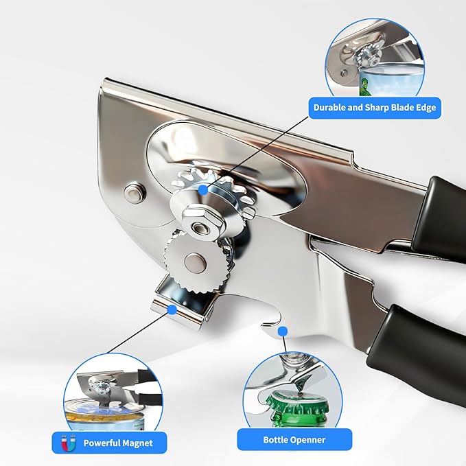 Heavy Duty Magnetic Can Opener for Seniors & Arthritis - Smooth Edge, Extra Long Easy-Grip Non-Slip Handle for Weak Hands, Kitchen, Camping & RV