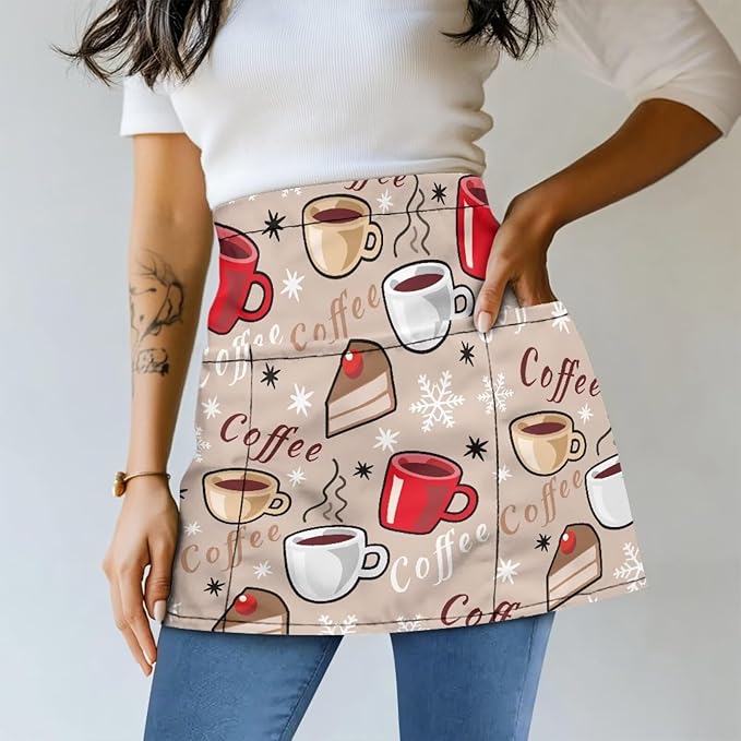 Server Waitress Waist Apron with 3 Pockets, Short Aprons for Servers,Waiter Apron For Waiter Accessories