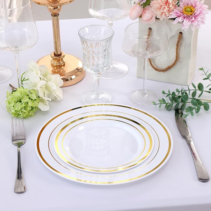 Moretoes 100PCS Gold Plastic Plates Disposable,Party Plates White Gold Rim, 10.25inch Dinner Plates and 7.5inch Dessert Salad Plates Heavy Duty Plates for Wedding Party and Birthday