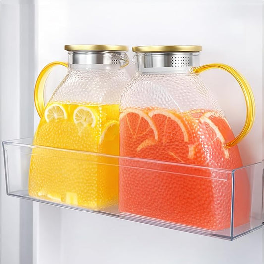 2 Pack Glass Pitcher With Handle And Lid, Large 2 Liter Glass Water Pitcher For Fridge, 68oz glass Tea pitcher Hot And Cold Iced Juice Coffee Milk, Jug Carafe For Beverages Drink