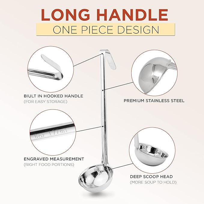 Fit Meal Prep [2 Pack] Stainless Steel Soup Ladle - One-Piece Sauce Spatula with Hook Handles, Commercial Grade Serving Spoon, Kitchen Tool for Restaurant or Home Cooking, Mirror Finish, 14.25" Long