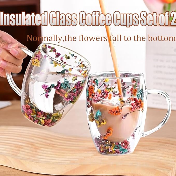Viovian 13oz Double Wall Glass Coffee Mugs Set of 2 Insulated Glass Coffee Cups with Handles,Clear Dried Flower Tea Mug for for Hot Beverages,Tea Cup Women Birthday Gifts