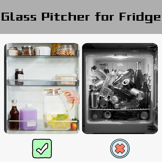 Glass Pitcher with Lid and Spout, 1.8 L/60 oz Clear Fridge Door Jug, Borosilicate Glass Bottle with Handle and Stainless Steel Lid, Hot & Cold Beverage Pitcher for Iced Tea, Coffee, Juice, Milk
