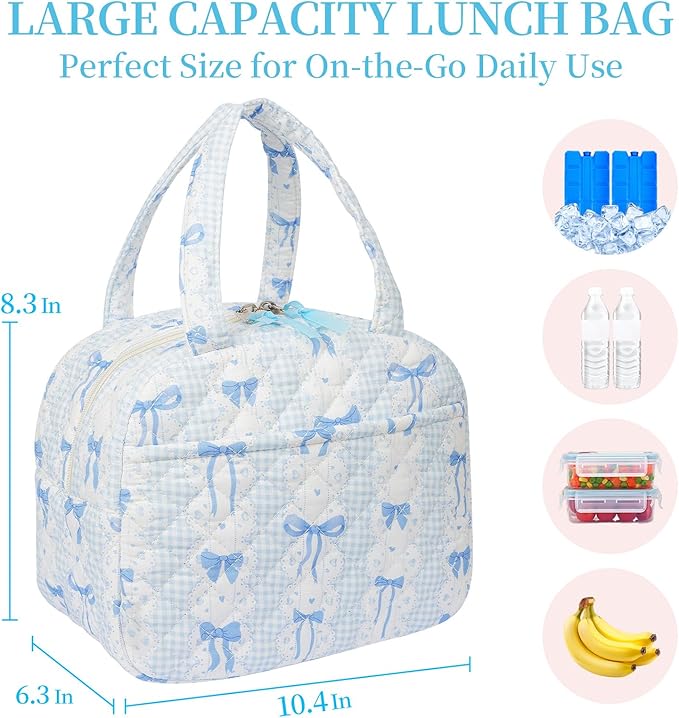 Quilted Lunch Box for Women,Coquette Aesthetic Lunch Box for Teen Girls,Cute Floral Lunch Bags for Work, School,Office,Picnic,Travel (Blue Bow)