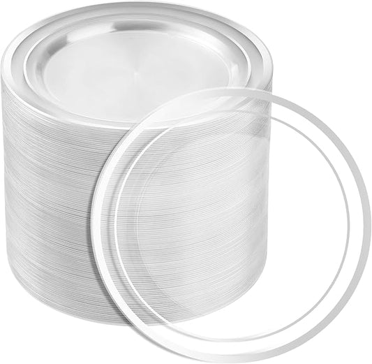 BESTSTAR 7 Inch Clear with Silver Rim Plastic Plates,100PCS Disposable Dessert/Appetizer/Small Cake Plates,Heavy Duty Plate Ideal for Wedding and Birthday Party