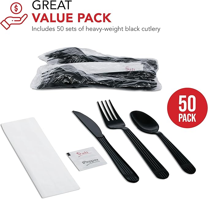Party Essentials Individually Wrapped Plastic Cutlery Packets/Heavy Duty Silverware Kits, Fork/Spoon/Knife/Napkin/Salt/Pepper, 50 Utensils Sets, Black (Pack of 4)