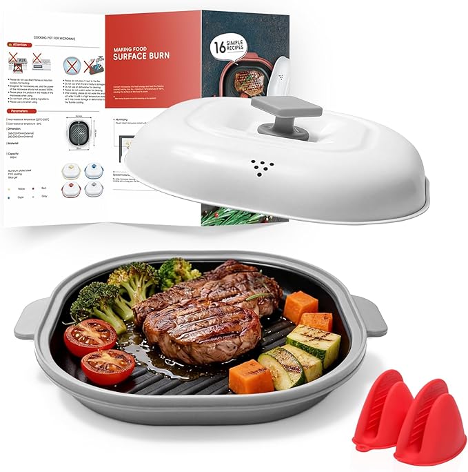 Microwave Grill Pan with Cover, Microwave Cookware Multi-Use for Grilling, Frying, Browning and Crisping, Microwave Bacon Cooker Tray, Microwave Griller with Cover Safe and Easy to Clean