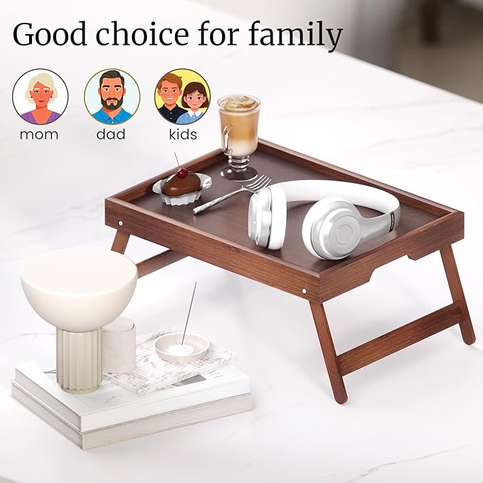 3 Pack Bamboo Bed Tray Table with Folding Legs,Breakfast Trays,Serving Tray,Laptop Tray for Working,Food Snack Tray for Bed and Sofa(Brown)