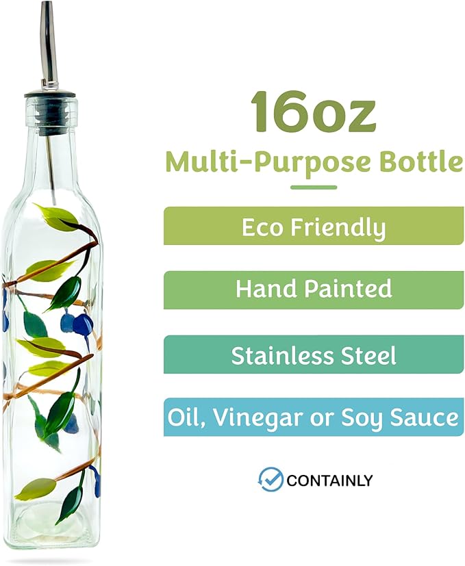 Glass Olive Branch Oil/Vinegar Glass Cruet for Kitchen, 16 oz Olive Oil Dispenser With Stainless Steel Spout for Easy Pouring