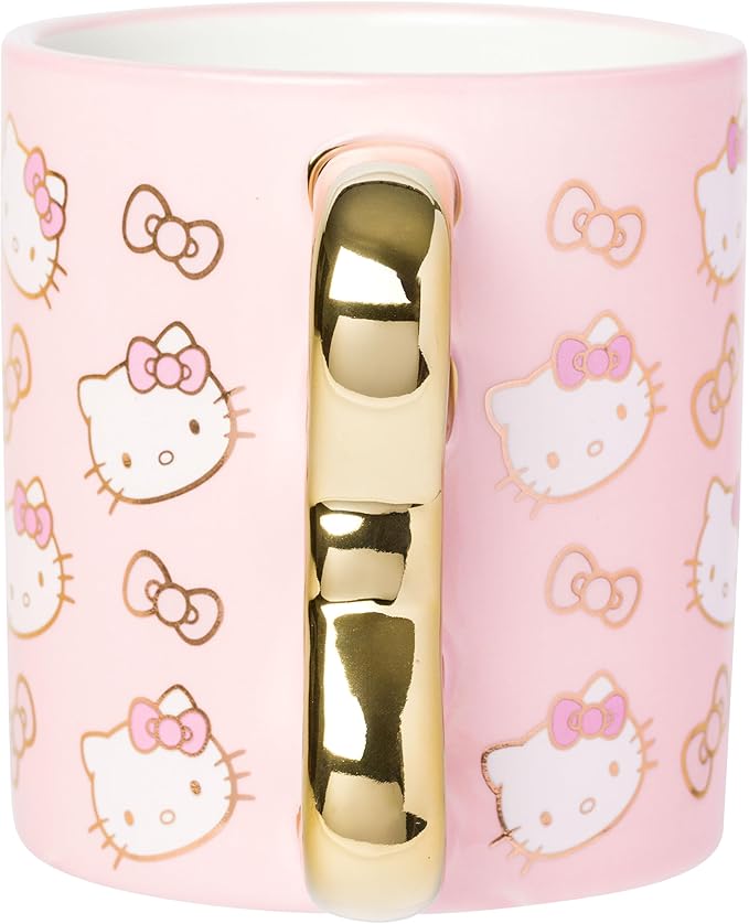 Silver Buffalo Sanrio Hello Kitty Pink and Gold Chrome Ceramic Mug with Bow 3D Sculpted Handle, 20 Ounces