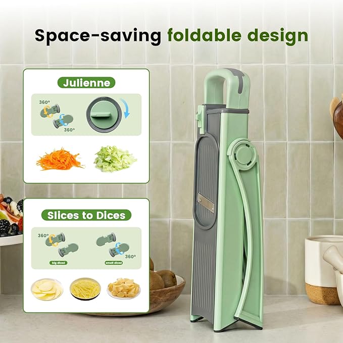 4-in-1 Safe Mandoline Slicer & Vegetable Chopper with 0.1-8mm Adjustable Thickness, Dicer, Julienne & French Fry Cutter Functions, Foldable Kitchen Gadget with Container (Green)