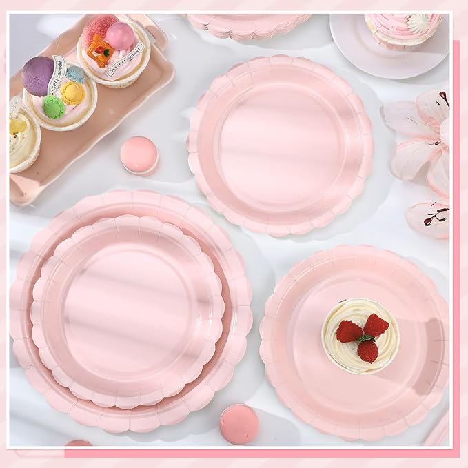 30 Pcs Pink Plates, 7 Inch Pink Dessert Cake Plates Scalloped Small Birthday Party Plate for Wedding, Bridal Baby Shower, Mothers Day