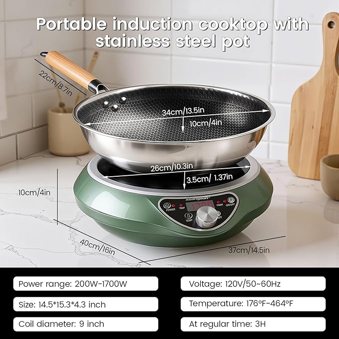 Concave Induction Wok Cooktop 1700W 120V – Continuous Non-Pulsed Heating Stir Fry Burner for Asian Cooking, Stainless Steel Wok Induction Burner for Round Bottom Woks